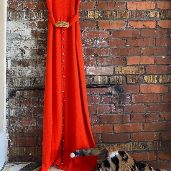Vintage St. John/Lillie Rubin Knitted Neon/Blood Orange Button-Front Maxi Dress - Picture 2 of 9
